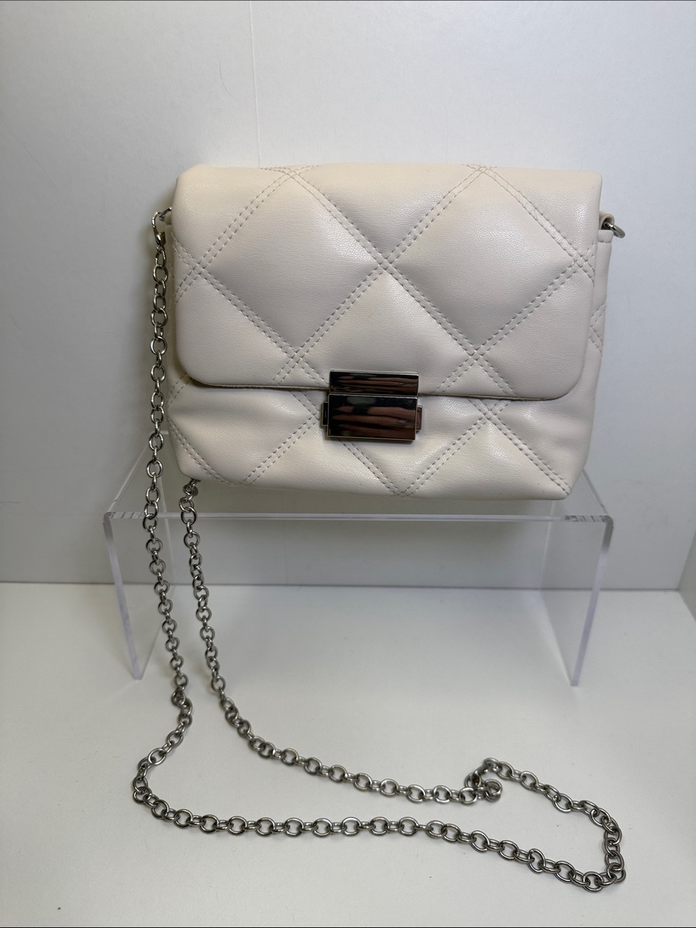 Quilted Bone Colored Crossbody Shoulder Bag with Silver Chain Strap